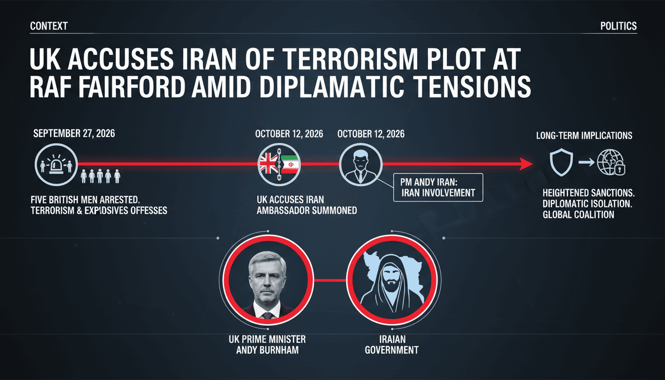 Infographic detailing the UK accusations against Iran regarding the RAF Fairford incident.
