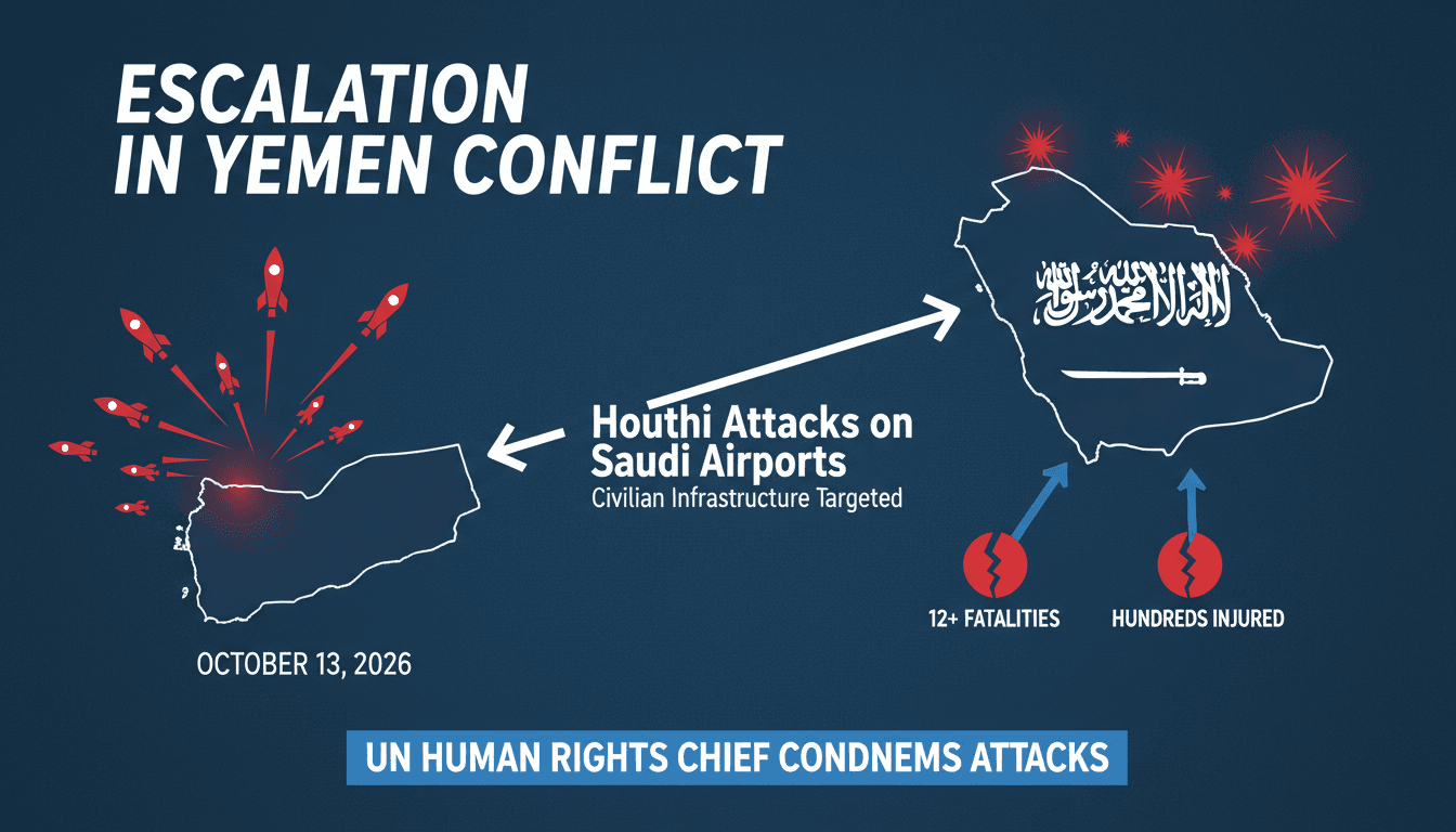 Infographic detailing Houthi attacks on Saudi airports and their humanitarian impact.