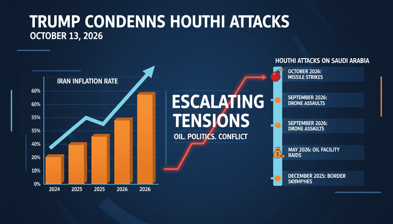 Infographic showing Trump's statement on Houthi attacks and Iran's inflation rate.