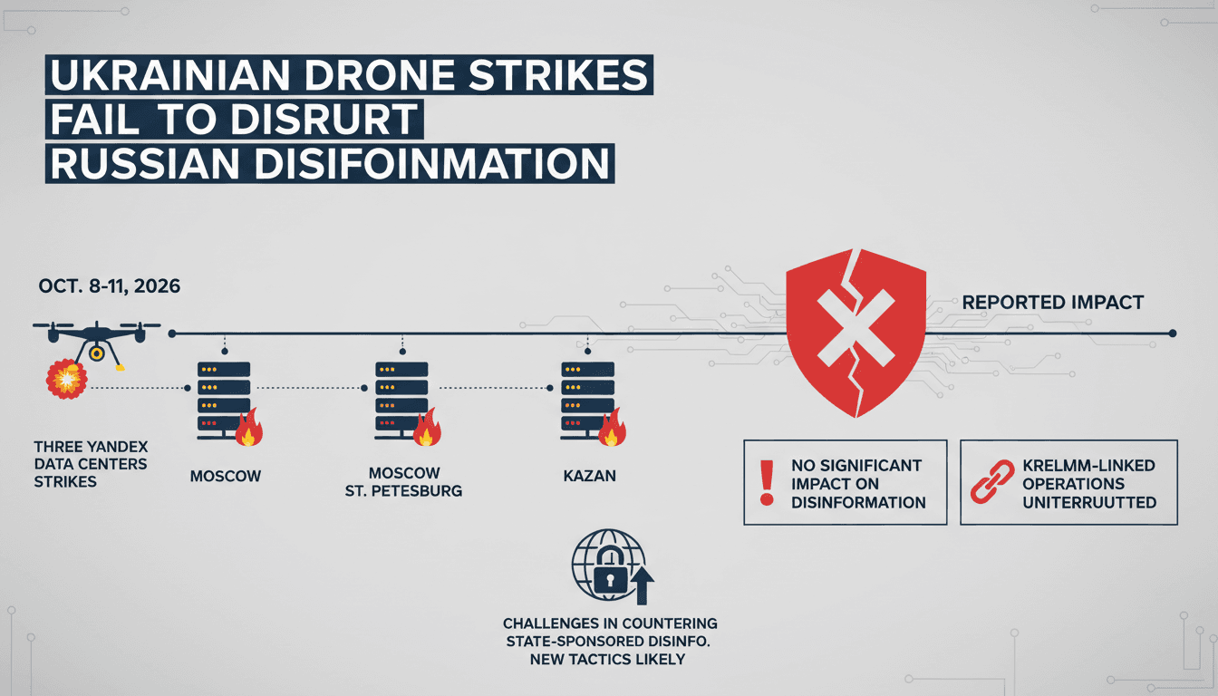 A visual representation of the Ukrainian drone strikes on Yandex data centers and their impact on disinformation operations.