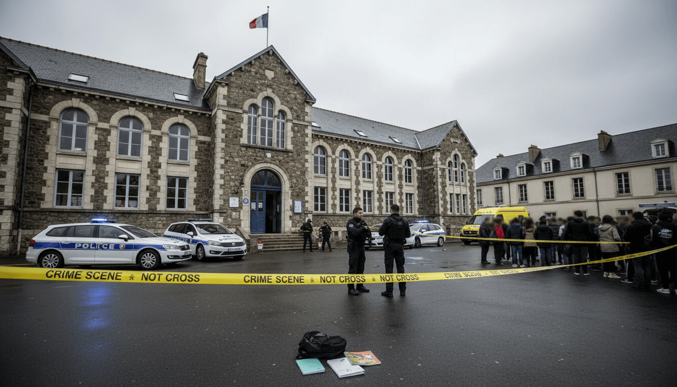 A school scene with police presence, reflecting the urgent need for safety measures against youth violence.