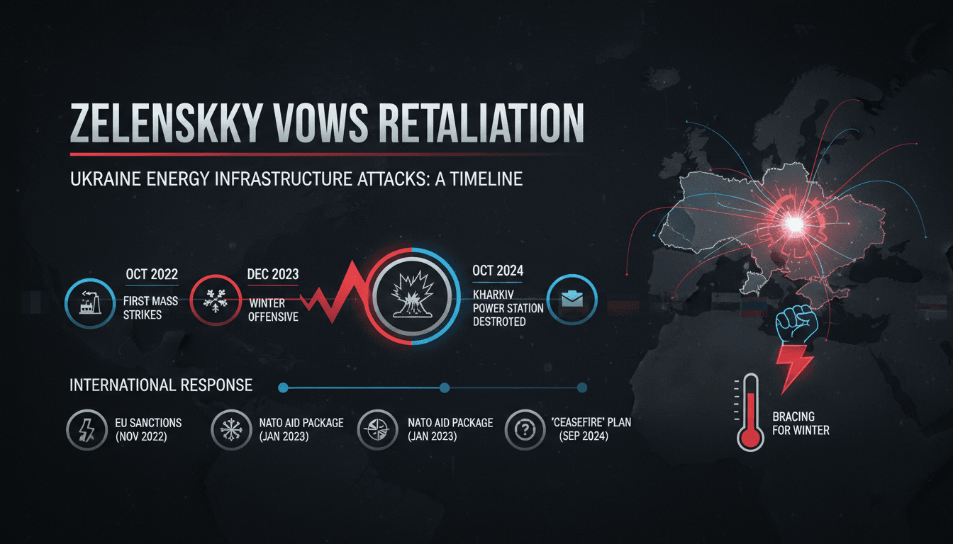 Infographic detailing Zelenskyy's vow to retaliate against Russian strikes on Ukrainian energy infrastructure.