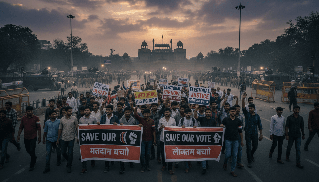 Protesters in Delhi demanding electoral integrity amidst a political crisis.
