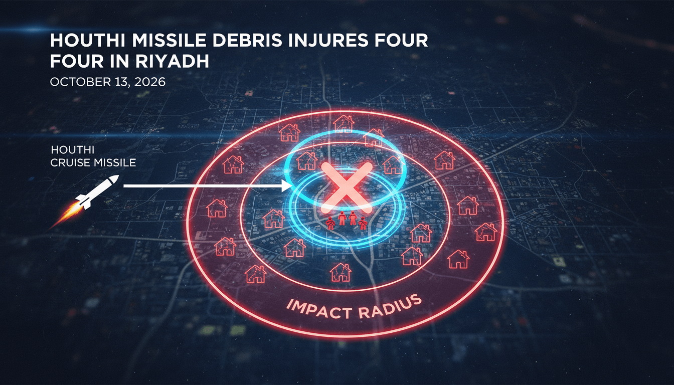 Map showing missile interception location and impact area in Riyadh, highlighting Houthi missile threat.