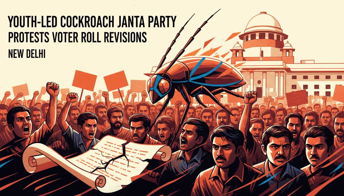 Youth activists from the Cockroach Janta Party protesting against voter roll revisions in India.
