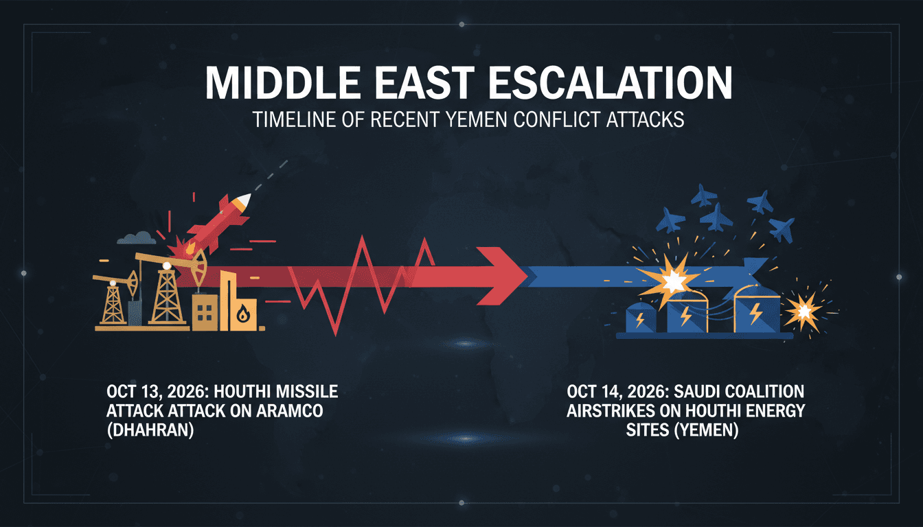 Map showing recent airstrikes and missile attacks in the Yemen conflict, highlighting the escalation between Saudi-led coalition and Houthi rebels.