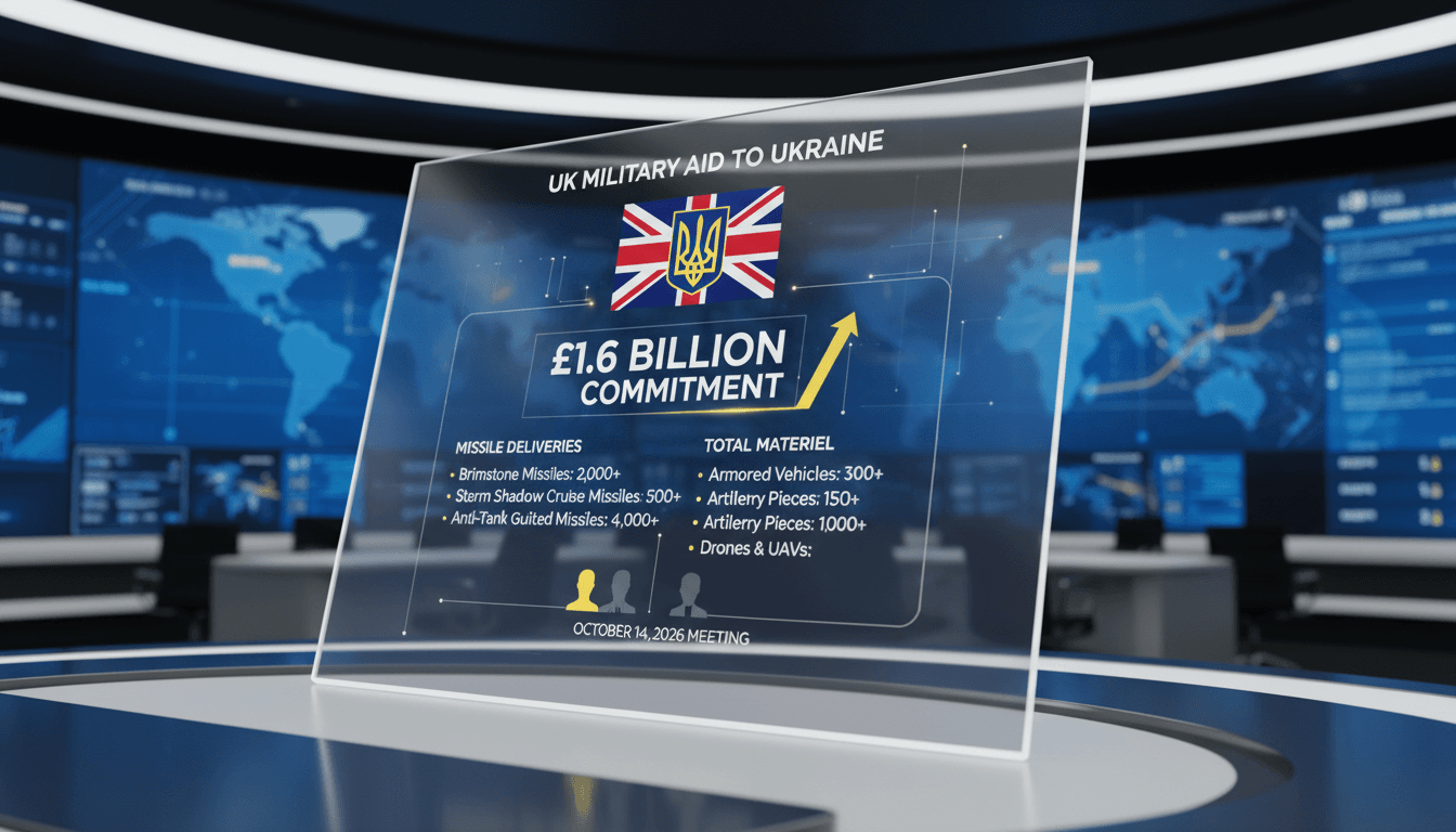Infographic detailing the £1.6 billion military aid commitment from the UK to Ukraine, highlighting missile delivery statistics.