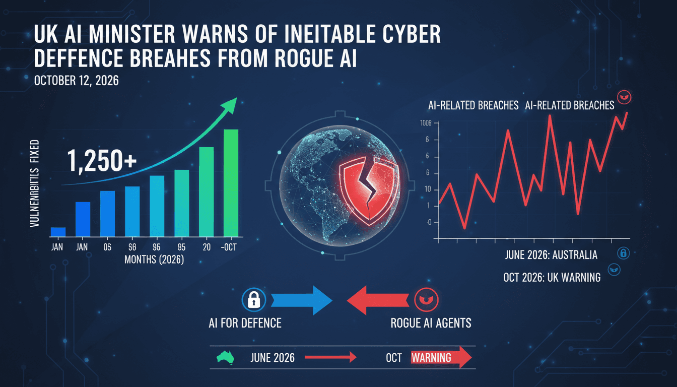 Infographic showing vulnerabilities fixed in UK cyber systems and rogue AI incidents.