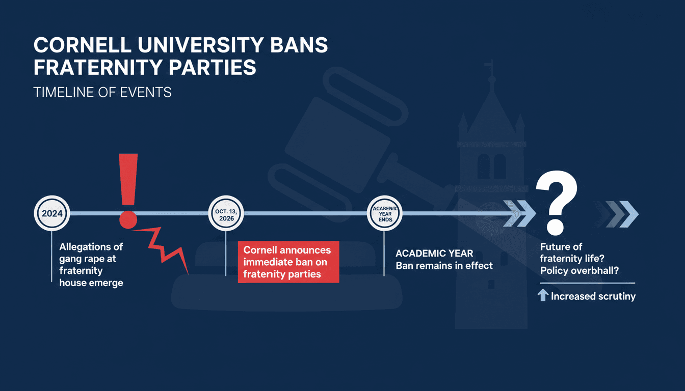 Infographic showing timeline of Cornell University's fraternity party ban and related events.