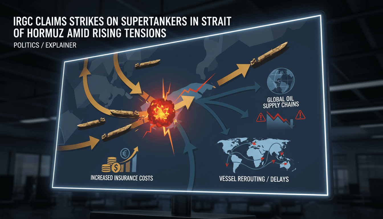 An infographic showing the Strait of Hormuz and the impact of IRGC strikes on supertankers and global oil supply.
