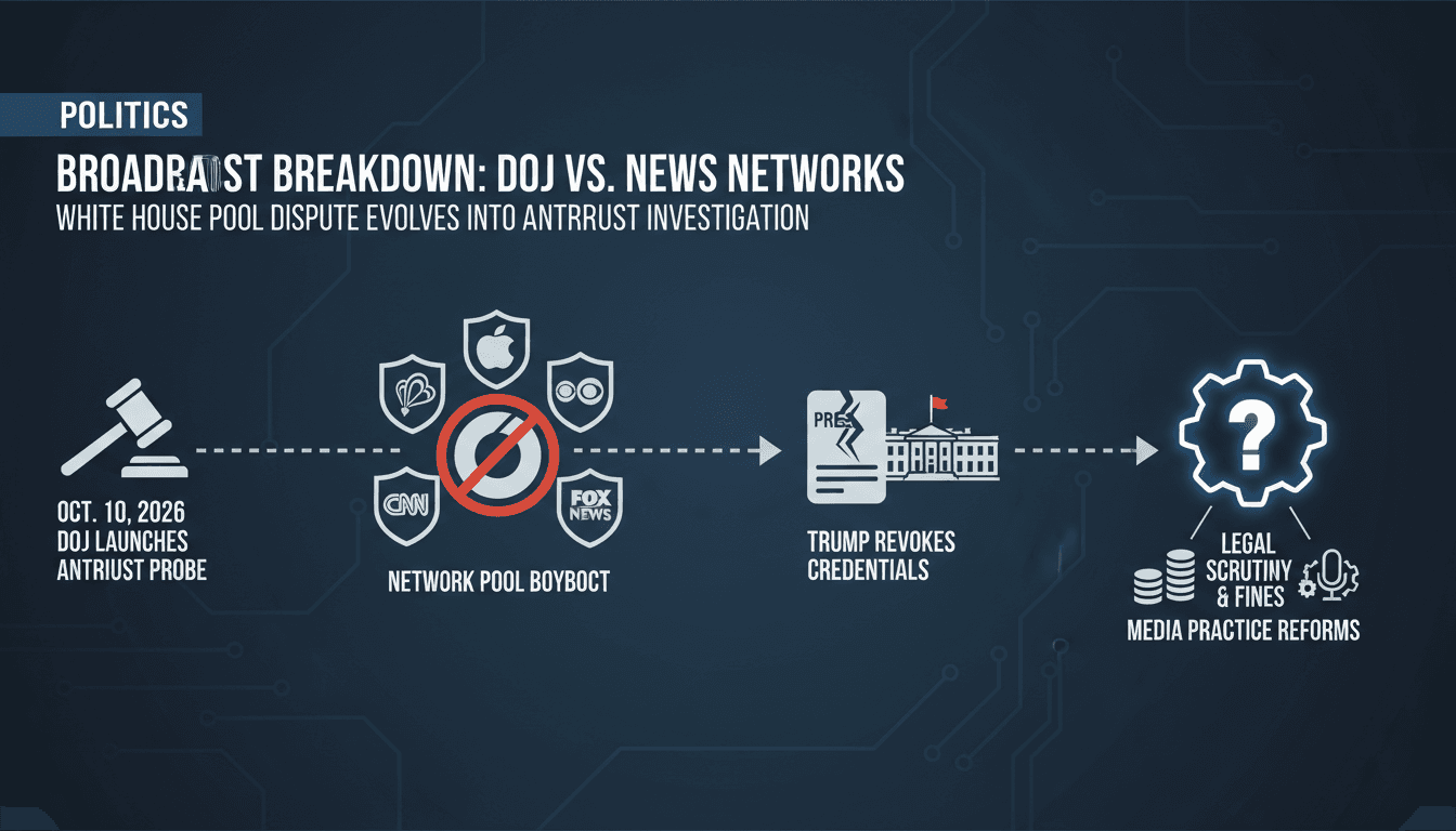 Infographic showing timeline of DOJ investigation into major TV networks over White House pool coverage boycott.