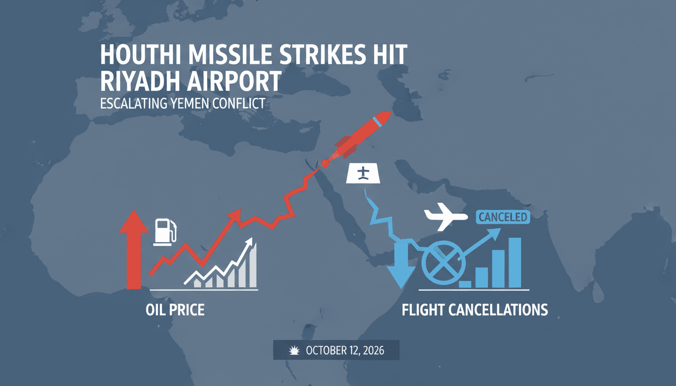 A visual representation of the Houthi missile strikes on Riyadh Airport and their impact on travel and oil prices.