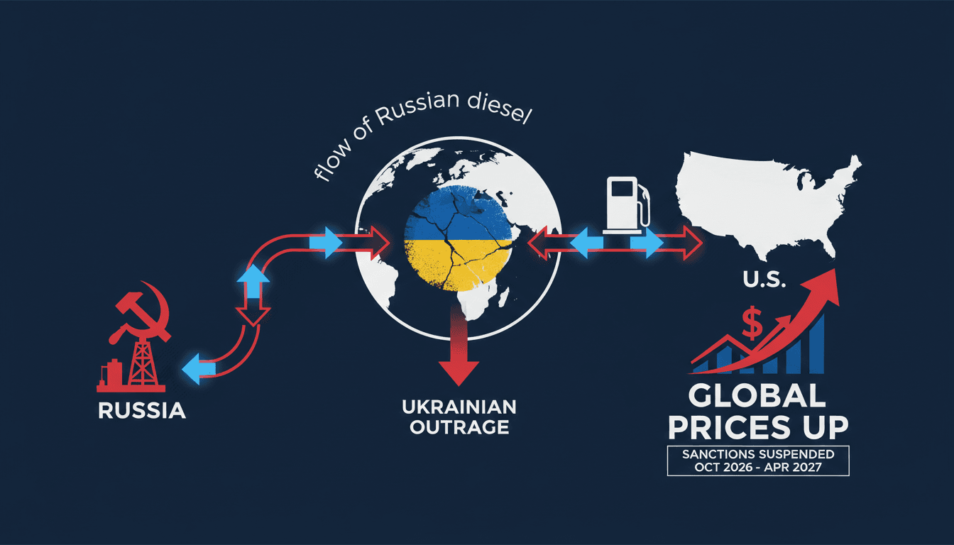 Infographic illustrating the flow of Russian diesel to the U.S. and its impact on global energy prices.