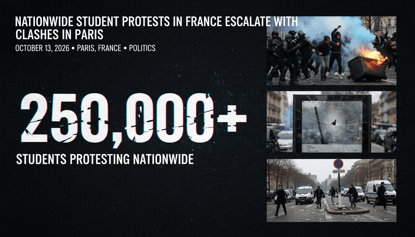 A visual representation of the French student protests, highlighting the number of participants and scenes from the clashes in Paris.