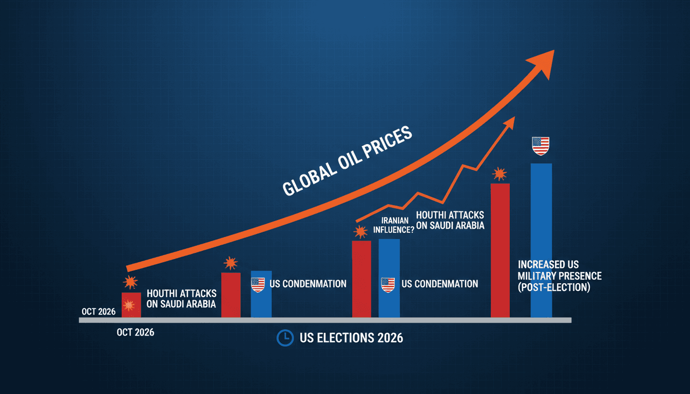 Infographic showing Trump's accusations against Houthis and the impact on oil prices.