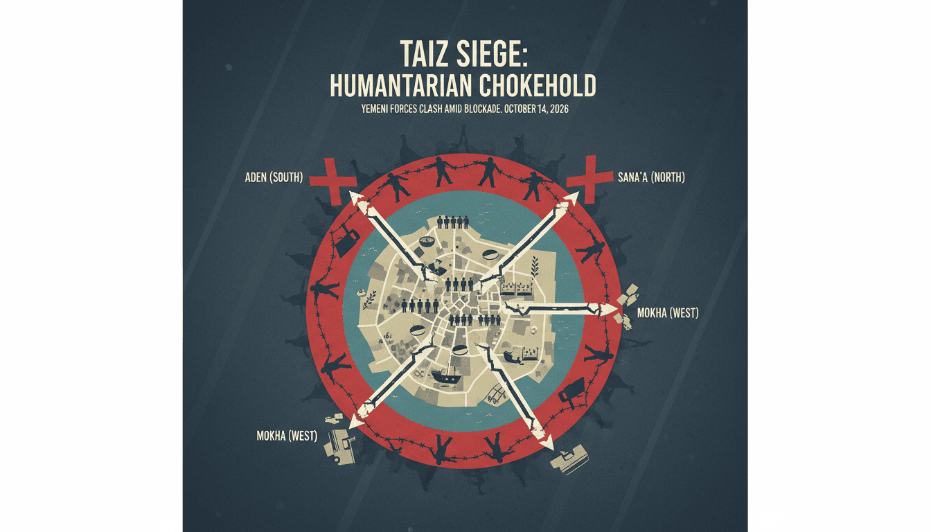 Map showing the siege of Taiz, Yemen, highlighting the humanitarian crisis and conflict zones.