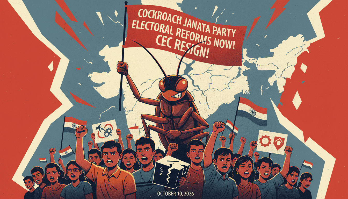 Youth-led protests in India, showcasing the Cockroach Janata Party's demands for electoral reform.