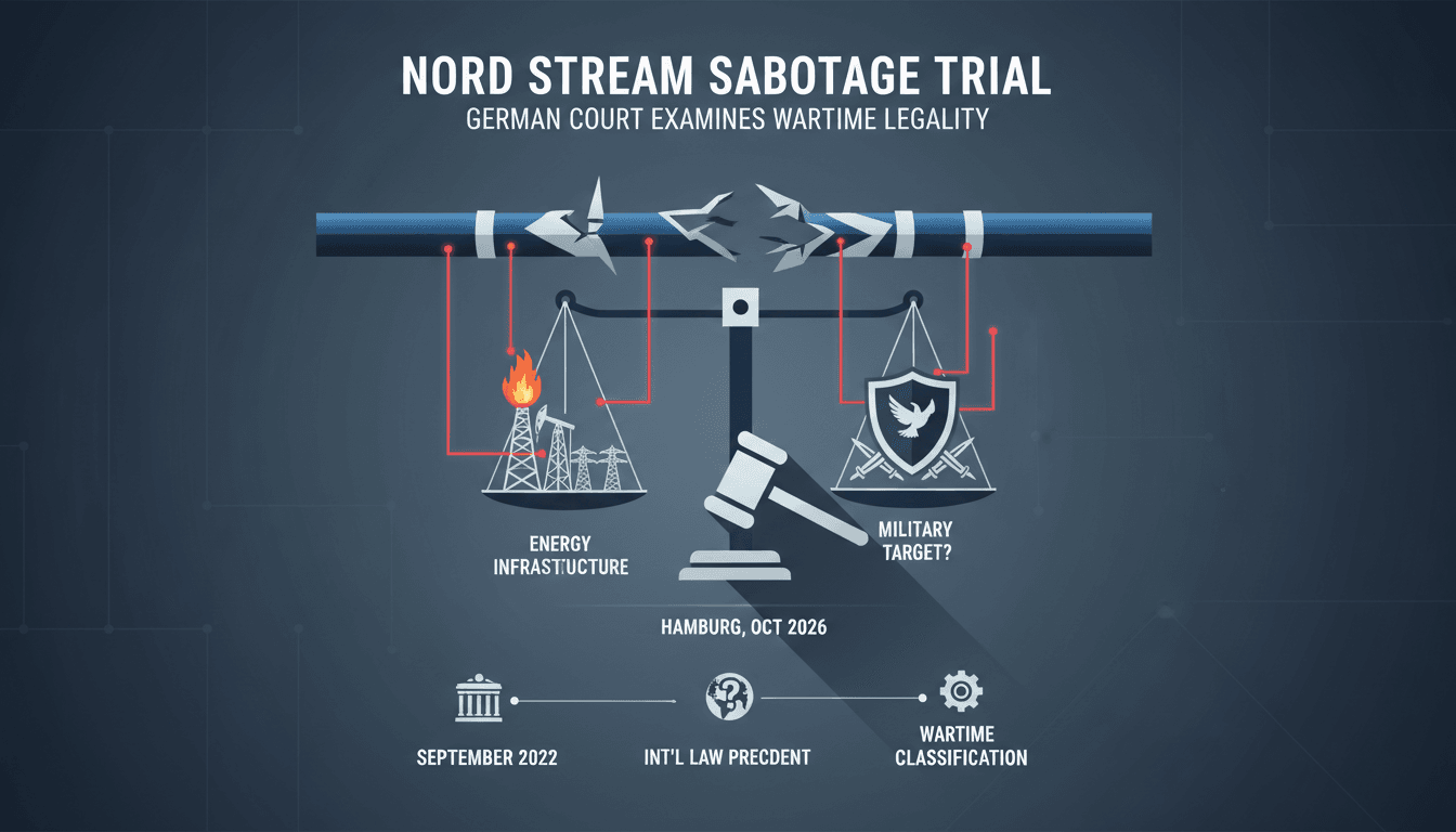 A courtroom scene depicting the trial of a Ukrainian officer for Nord Stream pipeline sabotage, highlighting international law implications.