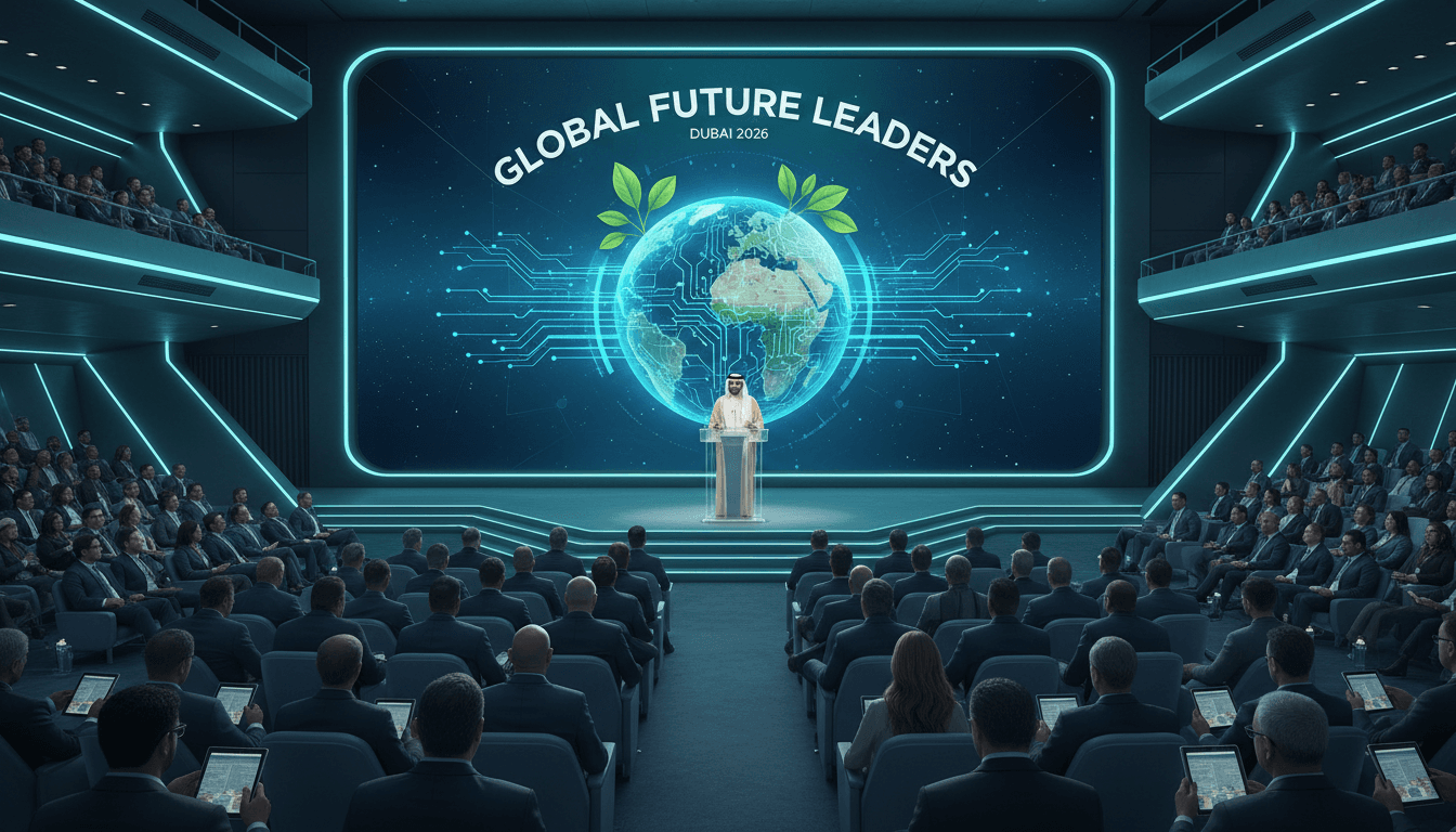 Sheikh Hamdan bin Mohammed speaking at the Global Future Leaders summit in Dubai, highlighting UAE's commitment to international collaboration.