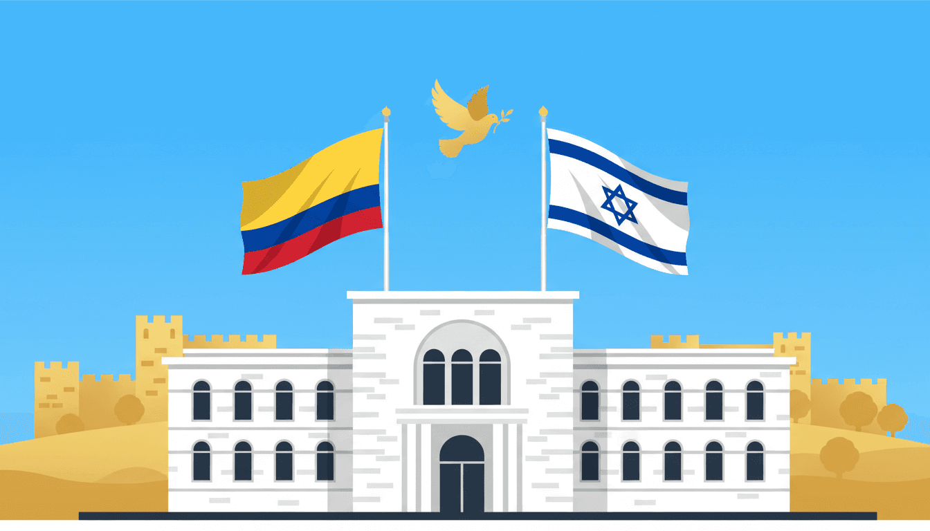 The Colombian embassy in Jerusalem with flags, symbolizing diplomatic relations.
