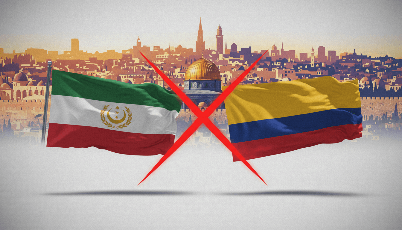 Flags of the Arab League and Colombia with Jerusalem's skyline in the background.