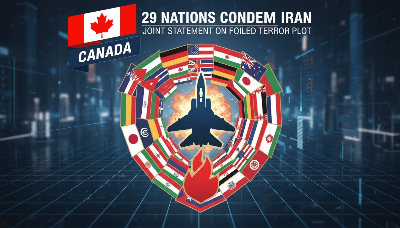 Flags of 29 nations united in condemning Iran's alleged plot against RAF Fairford air base.