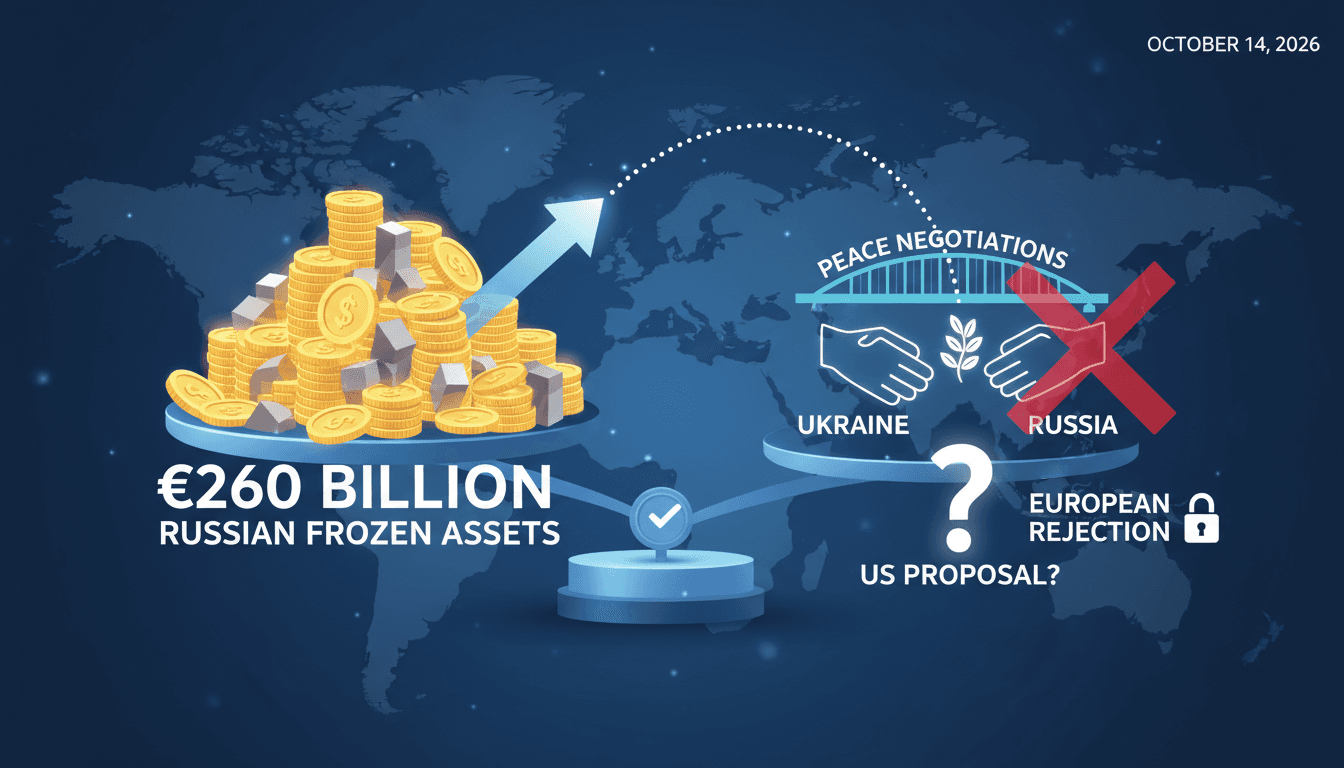 Infographic depicting the €260 billion in frozen Russian assets and their implications for Ukraine peace talks.