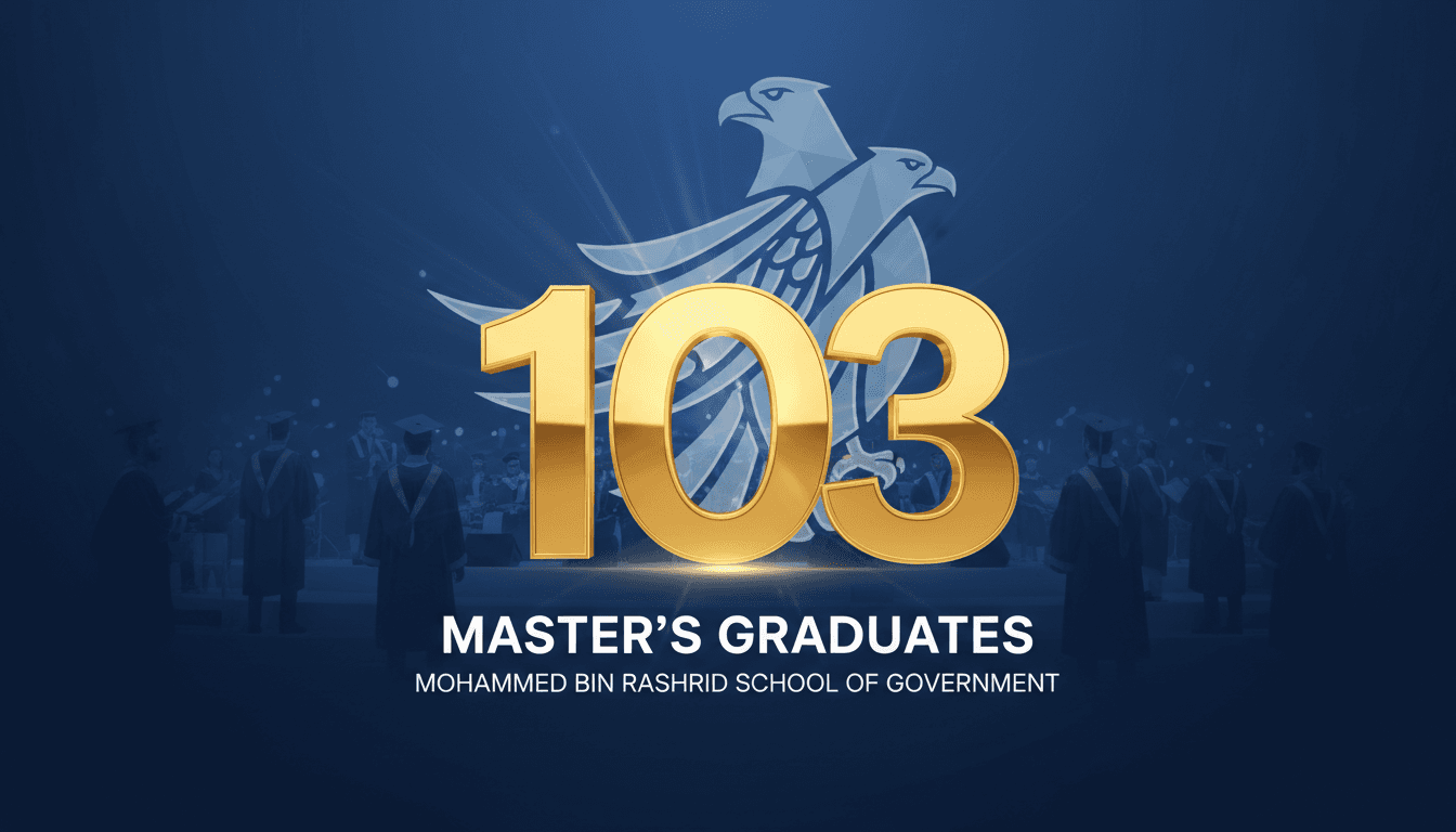 Graduation ceremony at the Mohammed Bin Rashid School of Government, showcasing 103 new graduates in public administration and innovation.