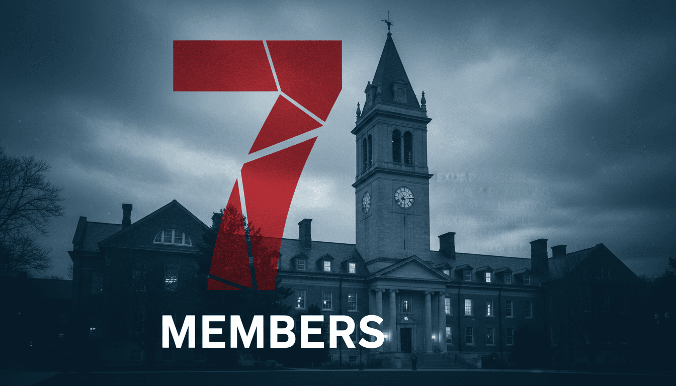 A graphic showing the number 7 with a backdrop of Cornell University, highlighting the fraternity sexual assault allegations.