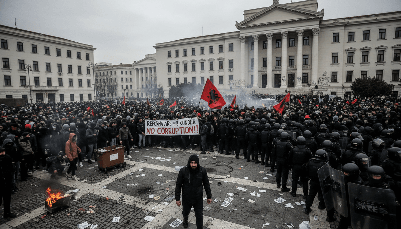 A large crowd of students protesting in Tirana, demanding education reform and anti-corruption measures.