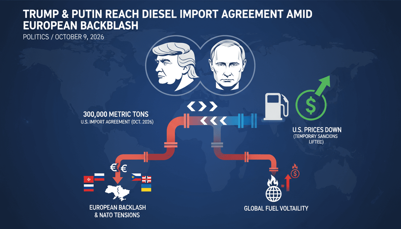 Infographic illustrating Trump's diesel deal with Putin and its impact on global fuel prices.