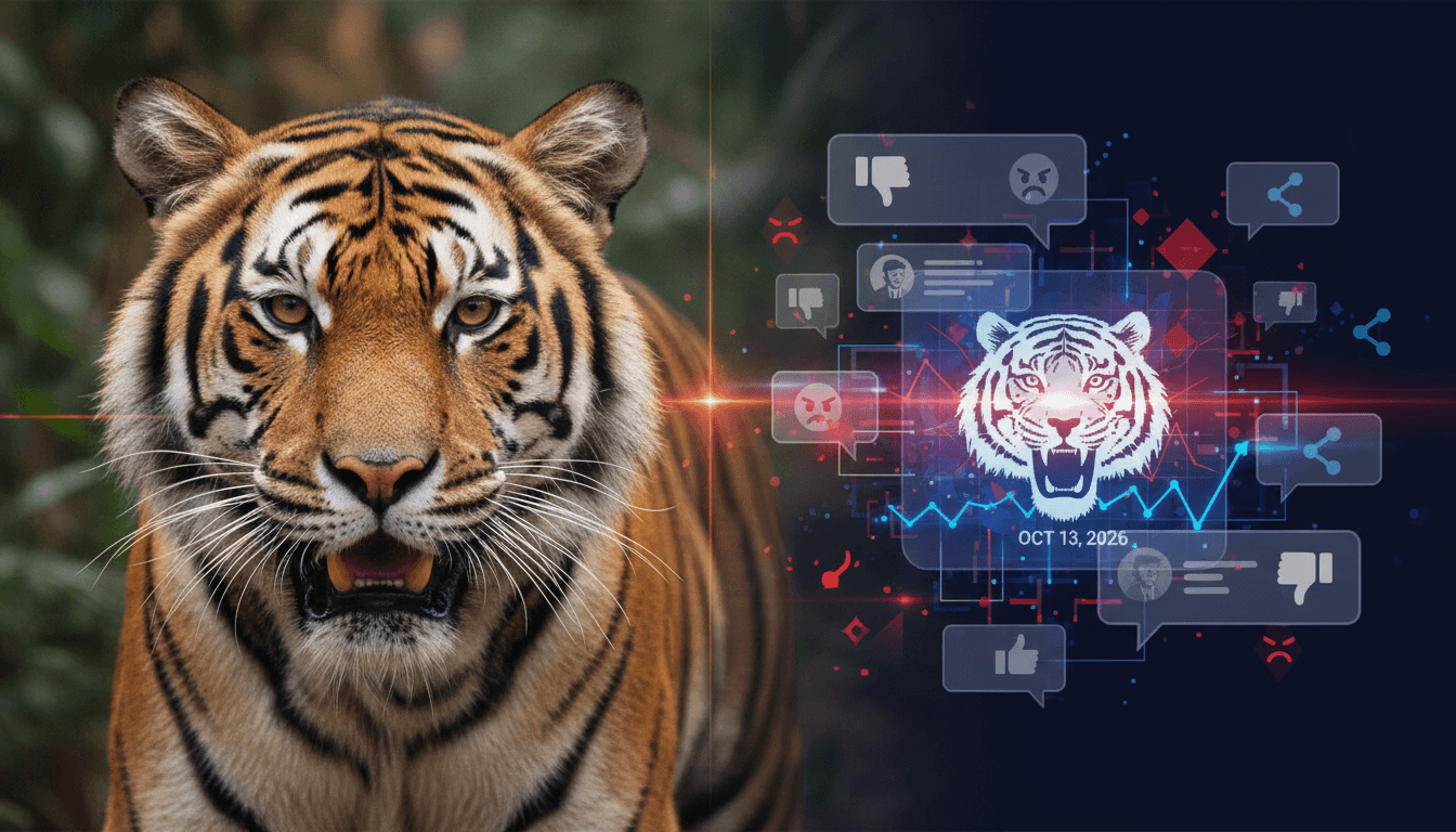 A tiger with social media reactions overlay, illustrating the clash between AI content and human empathy.