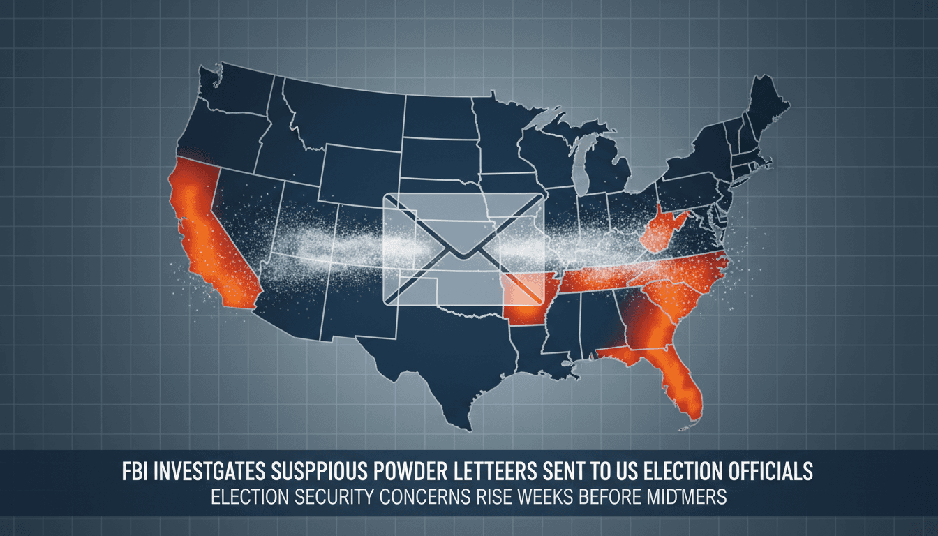 Map of the U.S. highlighting states affected by suspicious powder letters sent to election officials.
