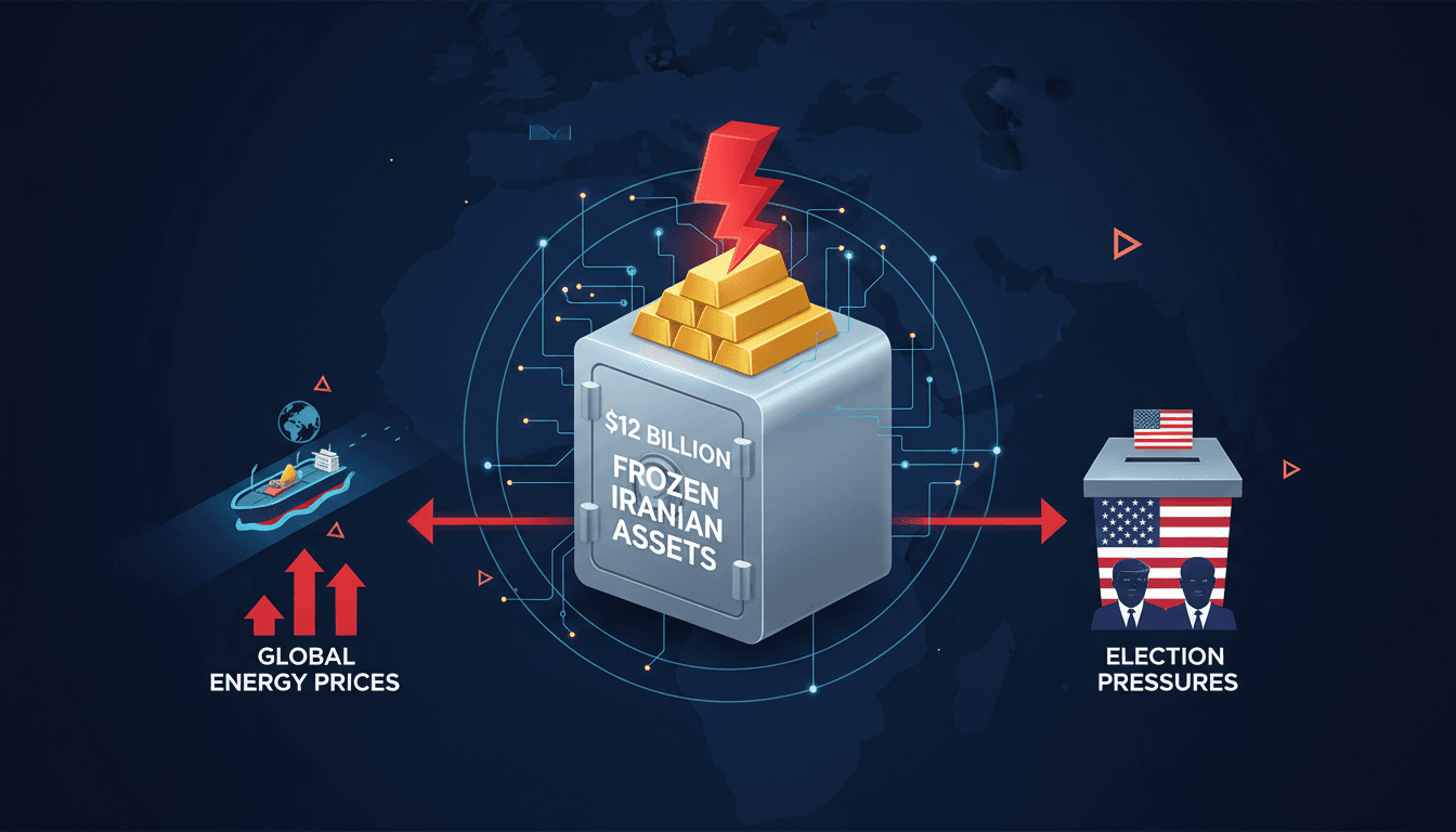 Infographic illustrating the $12 billion frozen Iranian assets and potential impacts on global energy prices.
