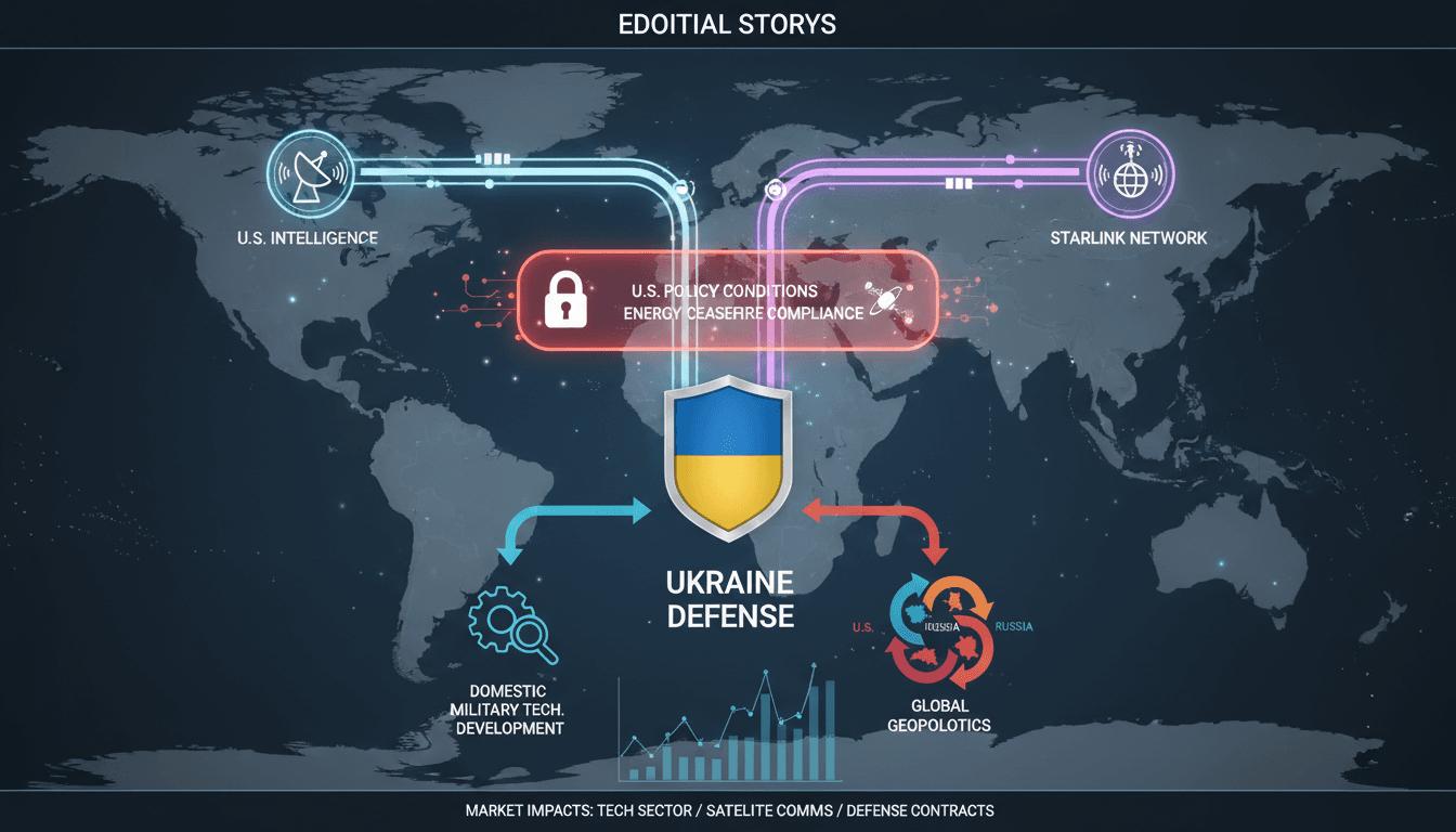 Infographic showing U.S. intelligence and Starlink's impact on Ukraine's military operations and global energy markets.