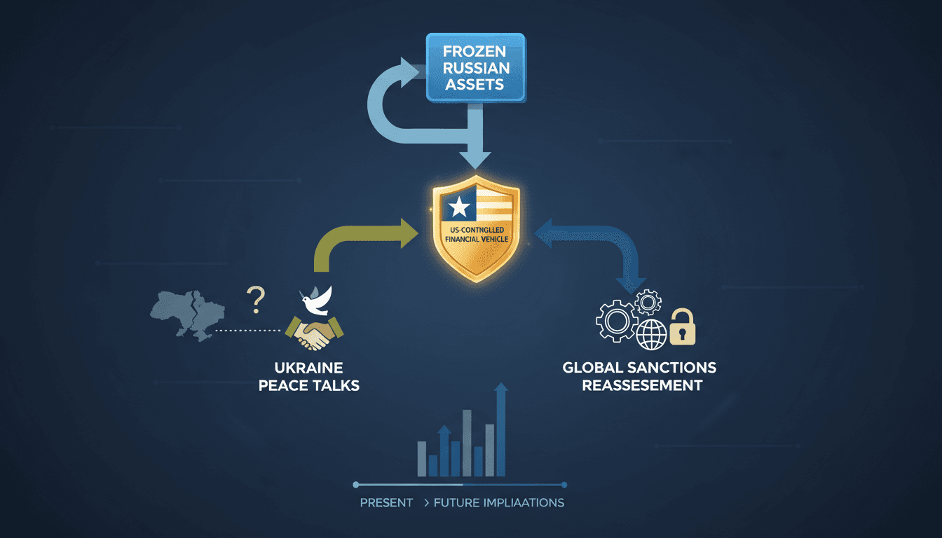 Infographic showing the flow of frozen Russian assets and their impact on peace negotiations.