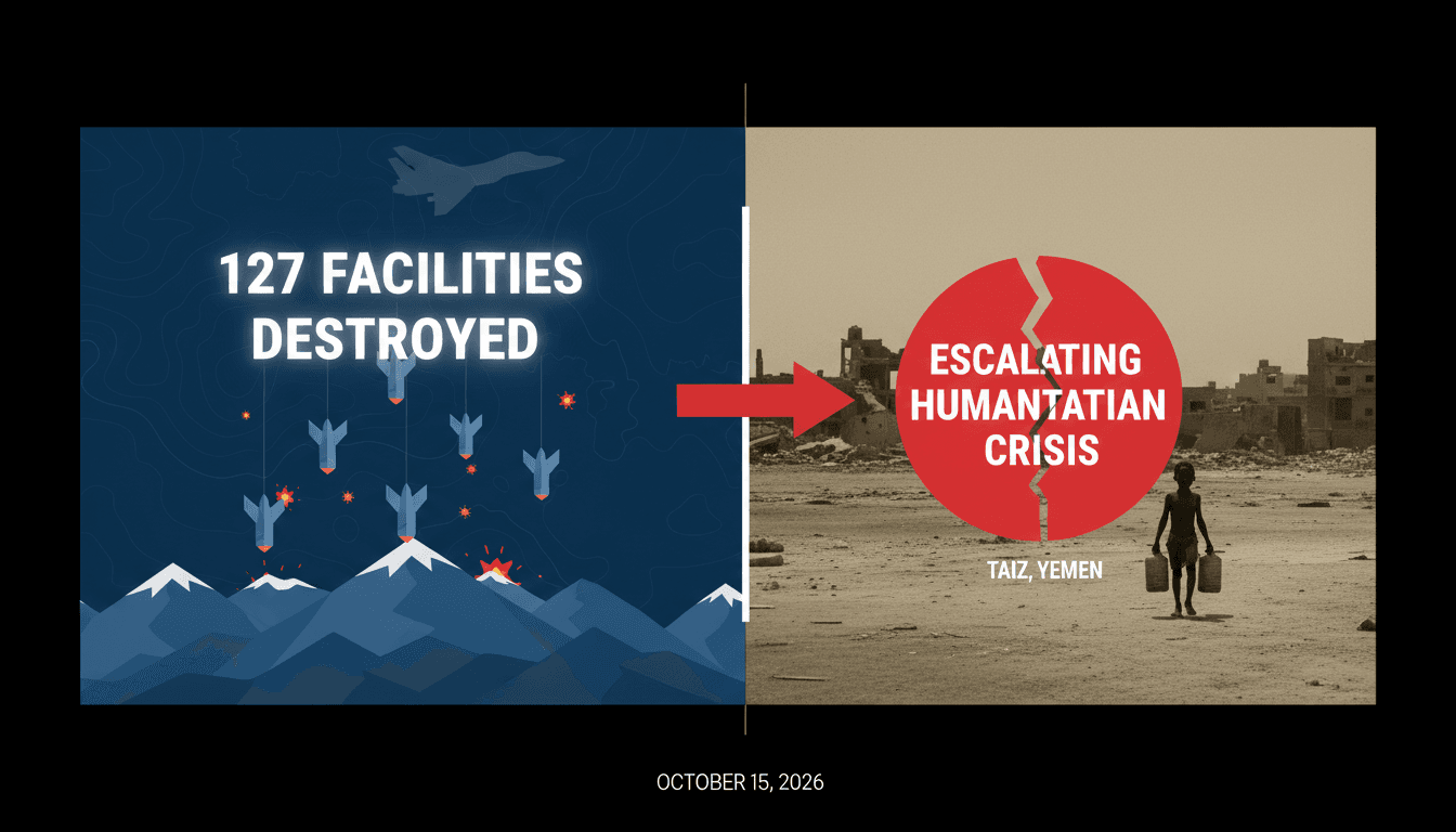 Airstrikes in Yemen showing destruction of Houthi facilities and the impact on humanitarian conditions.