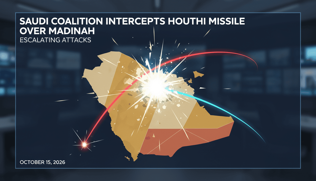 Map showing the interception of a Houthi missile over Madinah, highlighting regional security tensions.