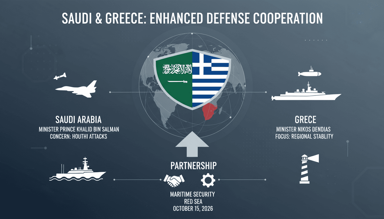 Saudi and Greek defense ministers meeting in Riyadh, discussing regional security and cooperation.
