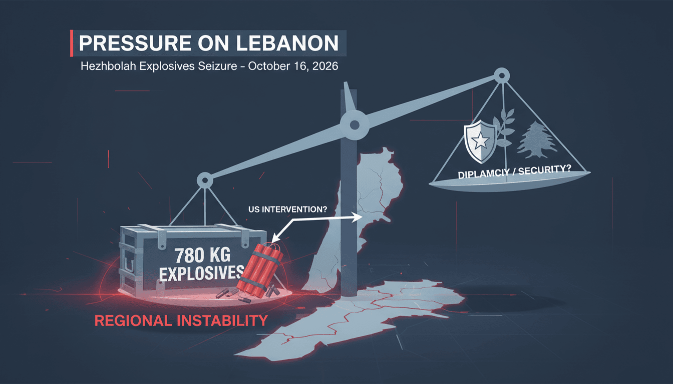 Infographic showing 780 kg of explosives seized from Hezbollah, highlighting arms control efforts in Lebanon.