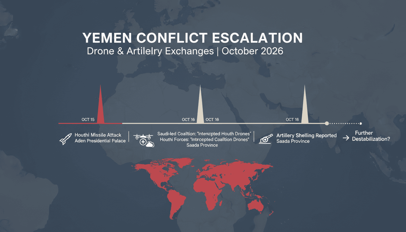 A map illustrating drone interceptions and artillery shelling incidents in Yemen, highlighting the ongoing conflict.