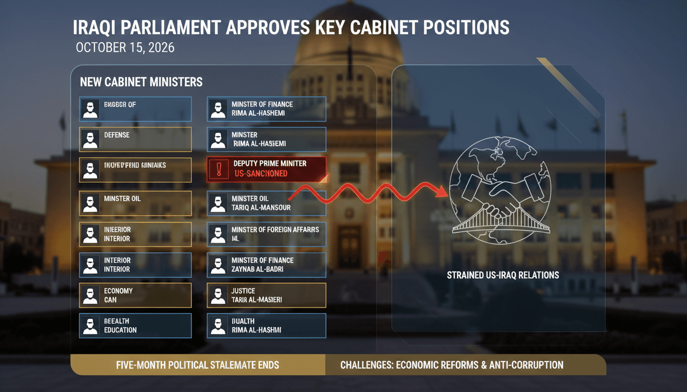 Infographic of the new Iraqi cabinet members, highlighting key appointments and their implications.