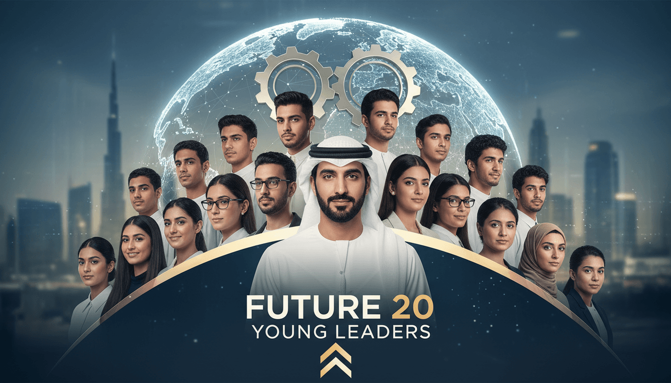 Sheikh Hamdan bin Mohammed meeting with young leaders from the WEF Future 20 list in Dubai, emphasizing youth empowerment.