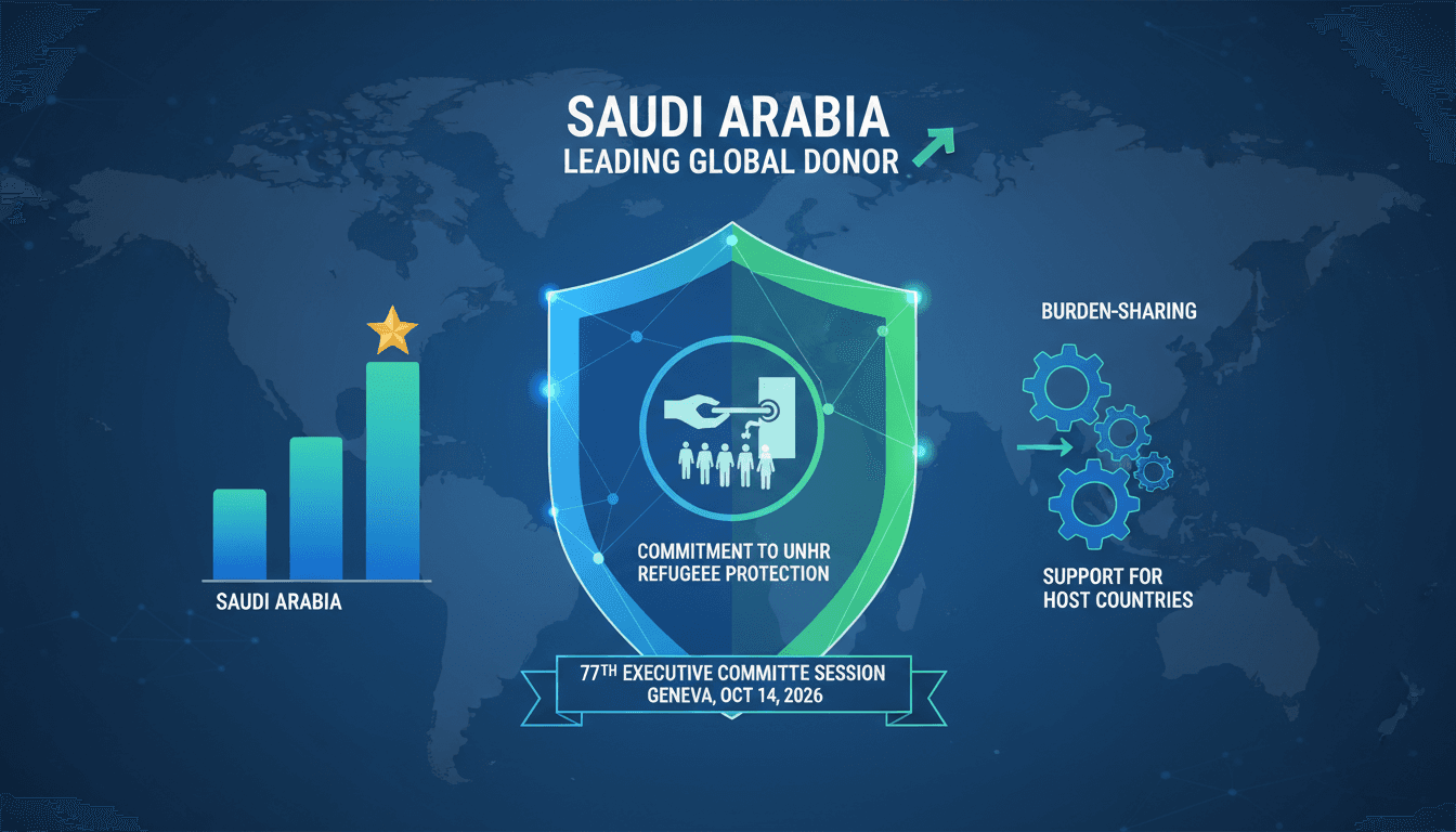 Infographic illustrating Saudi Arabia's humanitarian aid ranking and commitments to UNHCR refugee support.