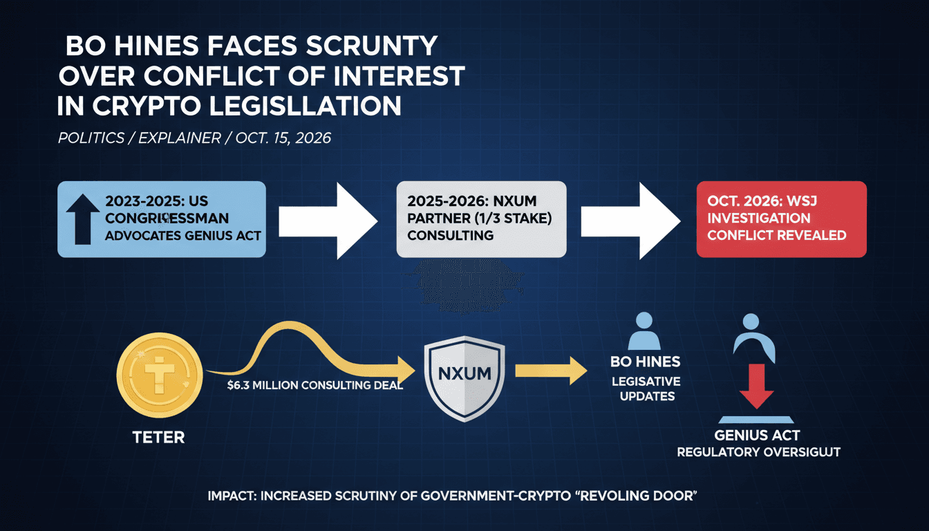 Infographic showing Bo Hines' connections between Nxum and Tether amid crypto regulation efforts.