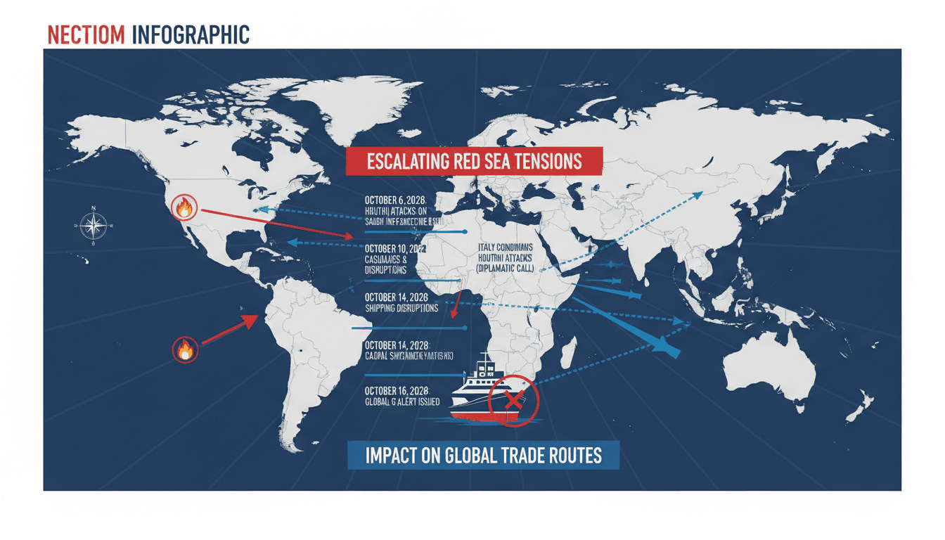 Infographic showing timeline of Houthi attacks and international responses, highlighting regional security concerns.