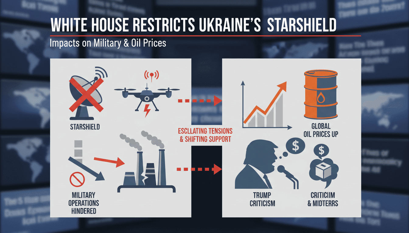 Infographic illustrating the impact of White House restrictions on Ukraine's Starshield satellite system and global energy prices.