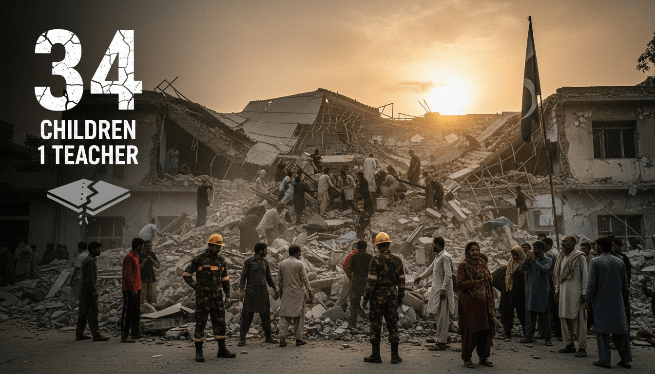 A somber scene depicting the aftermath of the Peshawar school roof collapse, focusing on the community's mourning and the urgent need for safety reforms.