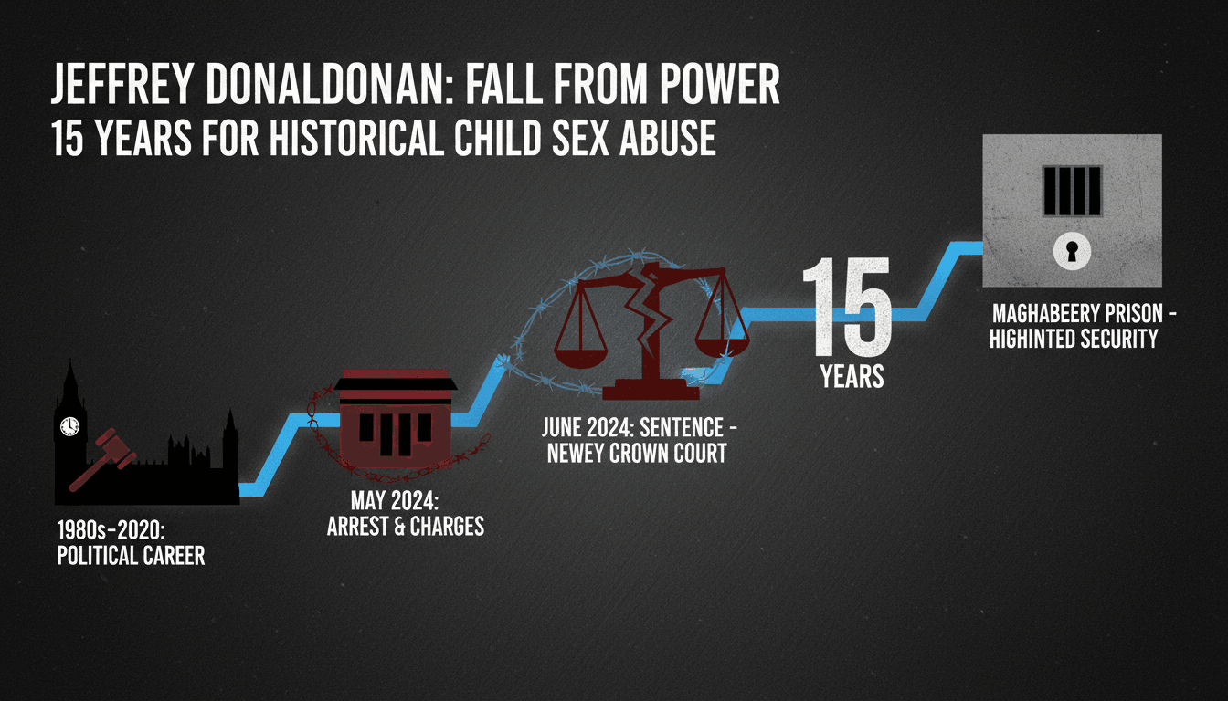 A visual timeline of Jeffrey Donaldson's political career and legal issues, highlighting his 15-year prison sentence.