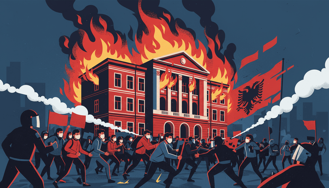 A dramatic scene of the Education Ministry in Albania on fire during student protests, illustrating the unrest over education issues.
